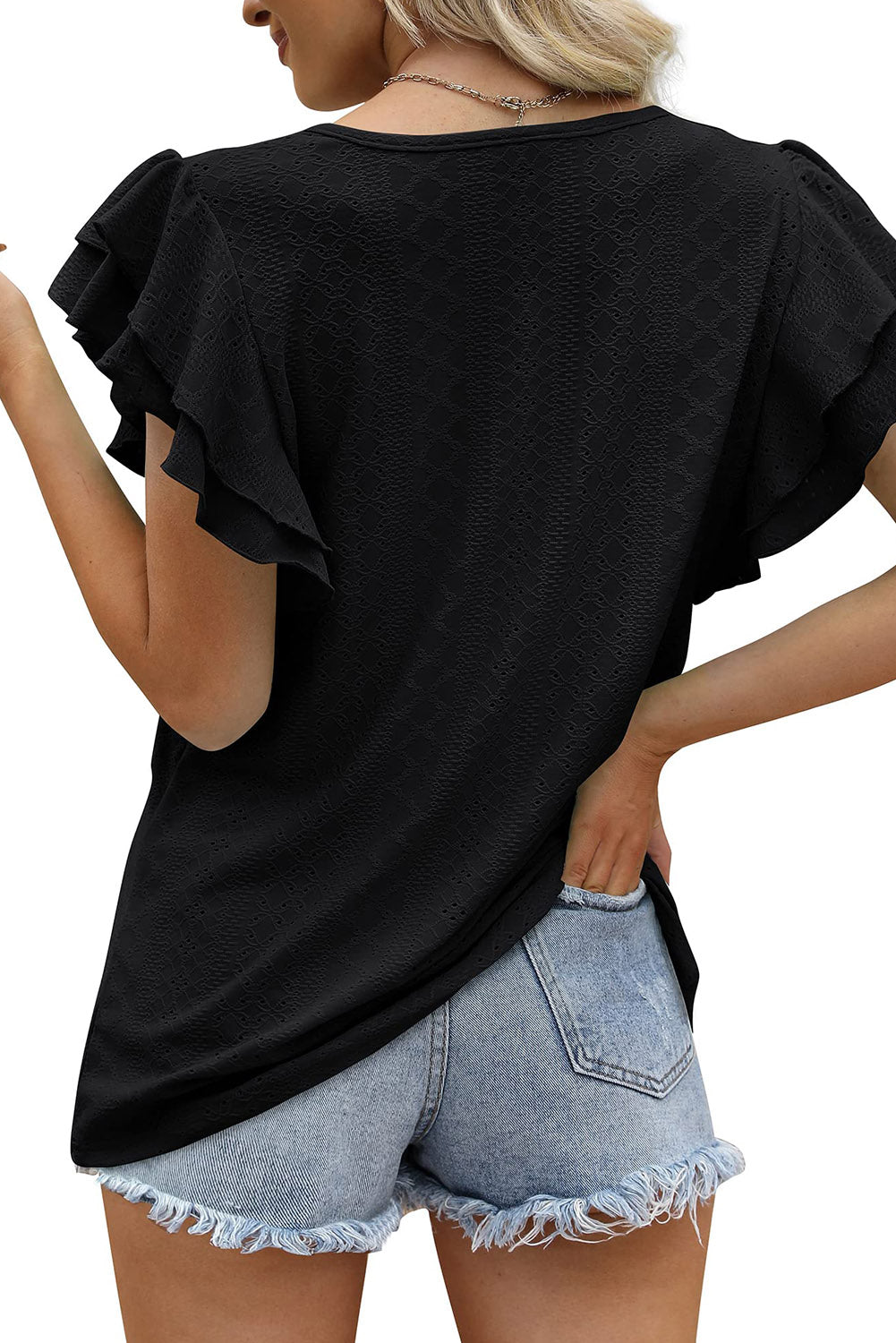Textured Ruffle Short Sleeve Blouse