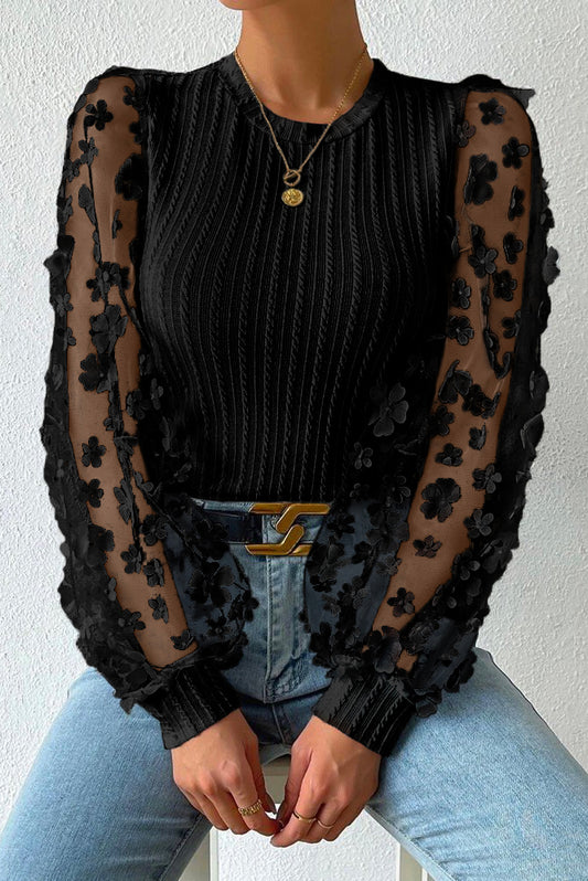Black Floral Applique Mesh Sleeves Blouse