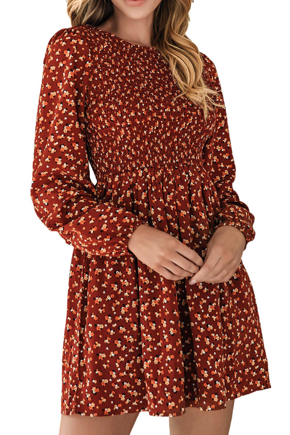 Brown Floral Smocked Mini Dress