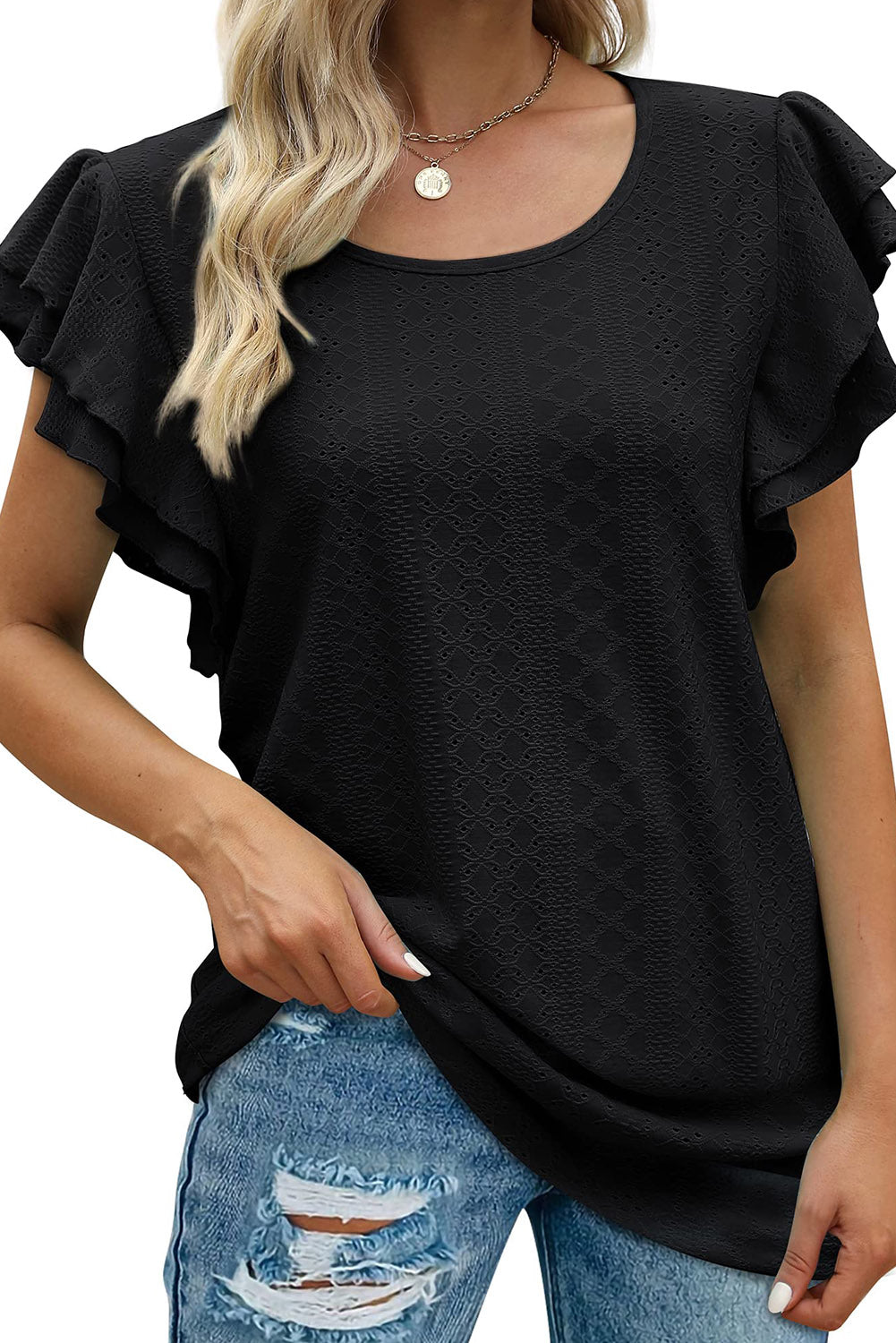Textured Ruffle Short Sleeve Blouse