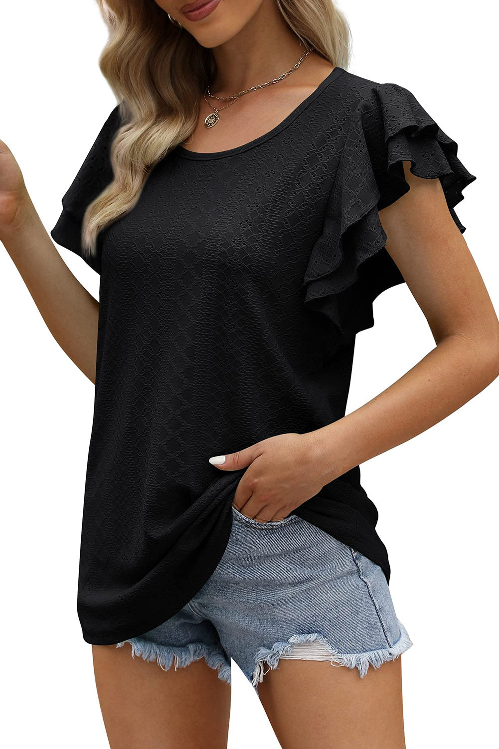 Textured Ruffle Short Sleeve Blouse