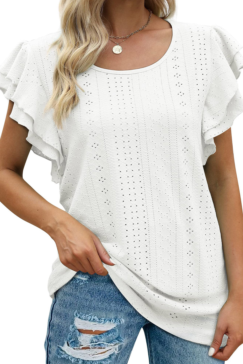 Textured Ruffle Short Sleeve Blouse
