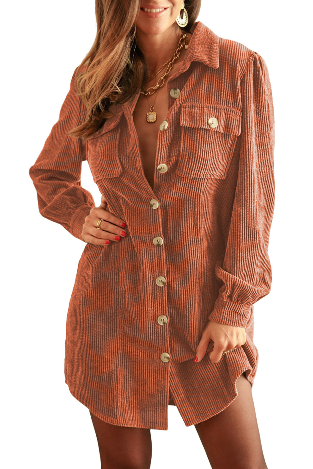 Khaki Corduroy Long Sleeve Shirt Dress
