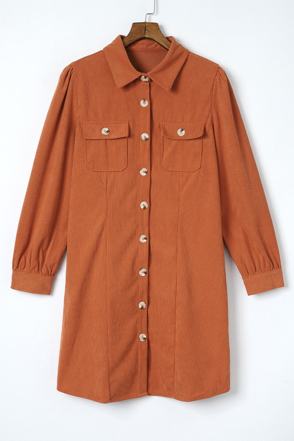 Khaki Corduroy Long Sleeve Shirt Dress
