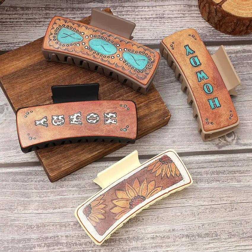Turquoise Cow Print Leather Claw Clips - 4 inch, Western Style for Women