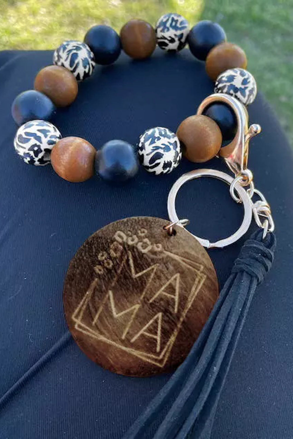 Black Leopard Wood Bead Bracelet Tassel Keychain