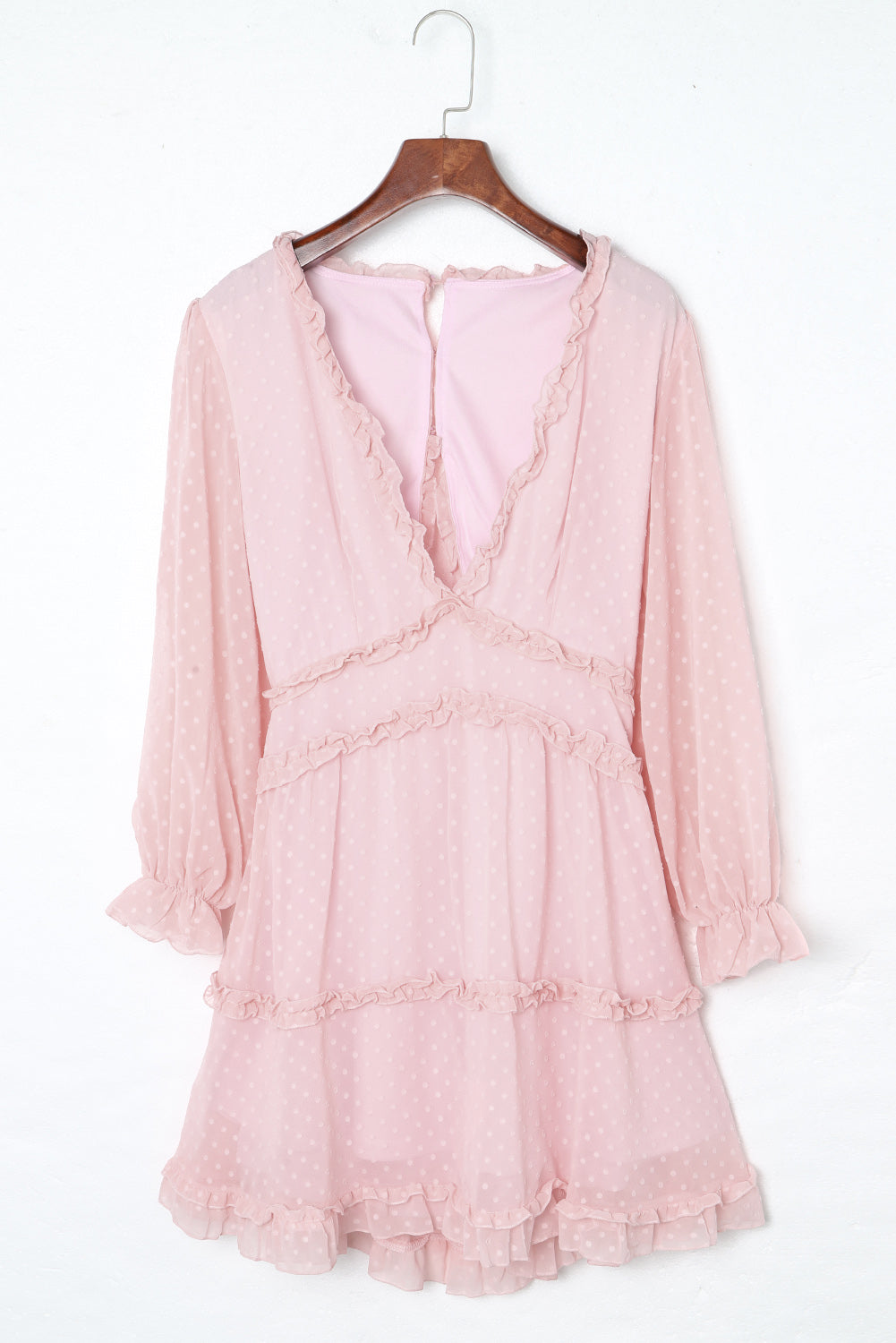 Pink Open Back Puff Sleeve Swiss Dot Mini Dress
