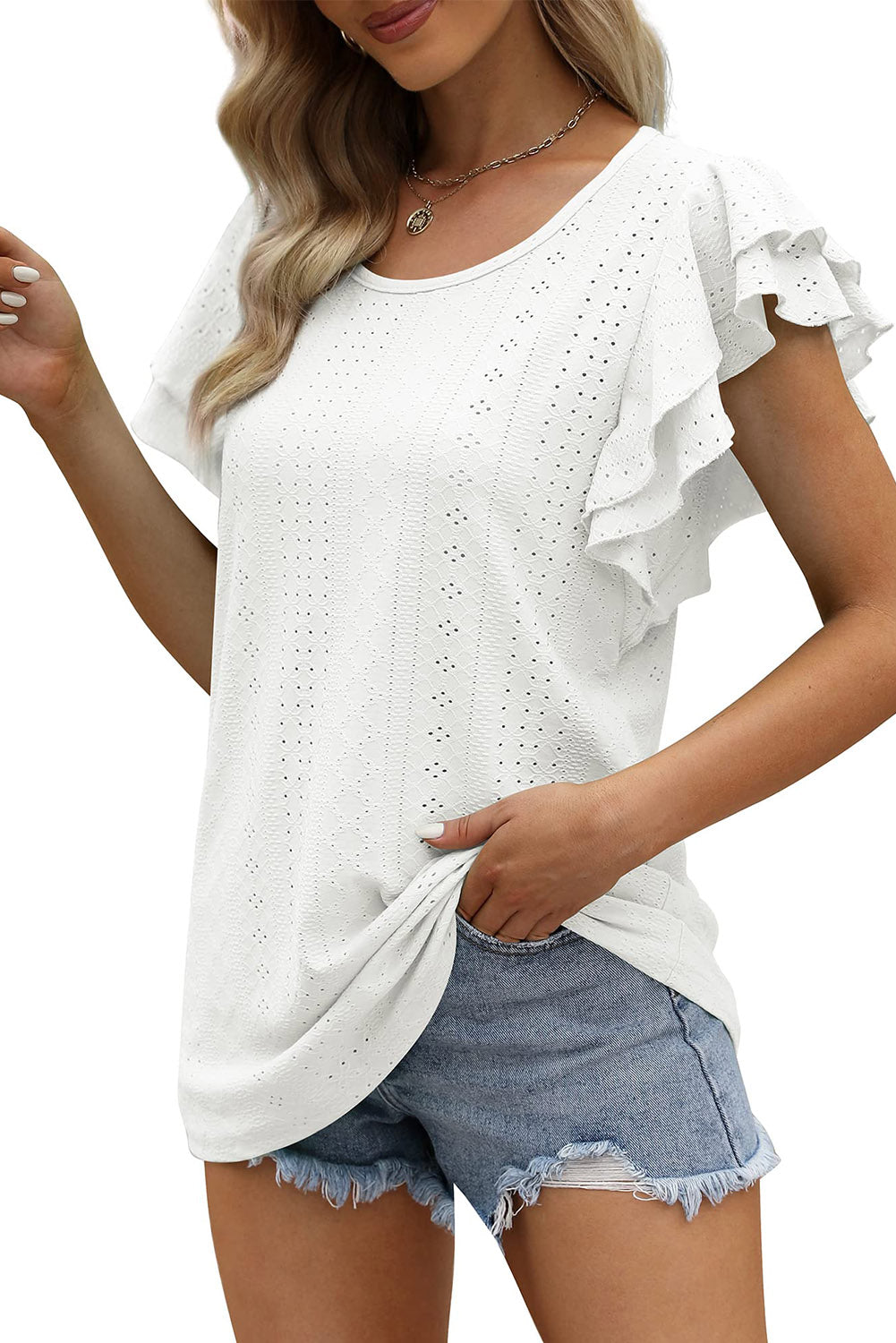 Textured Ruffle Short Sleeve Blouse