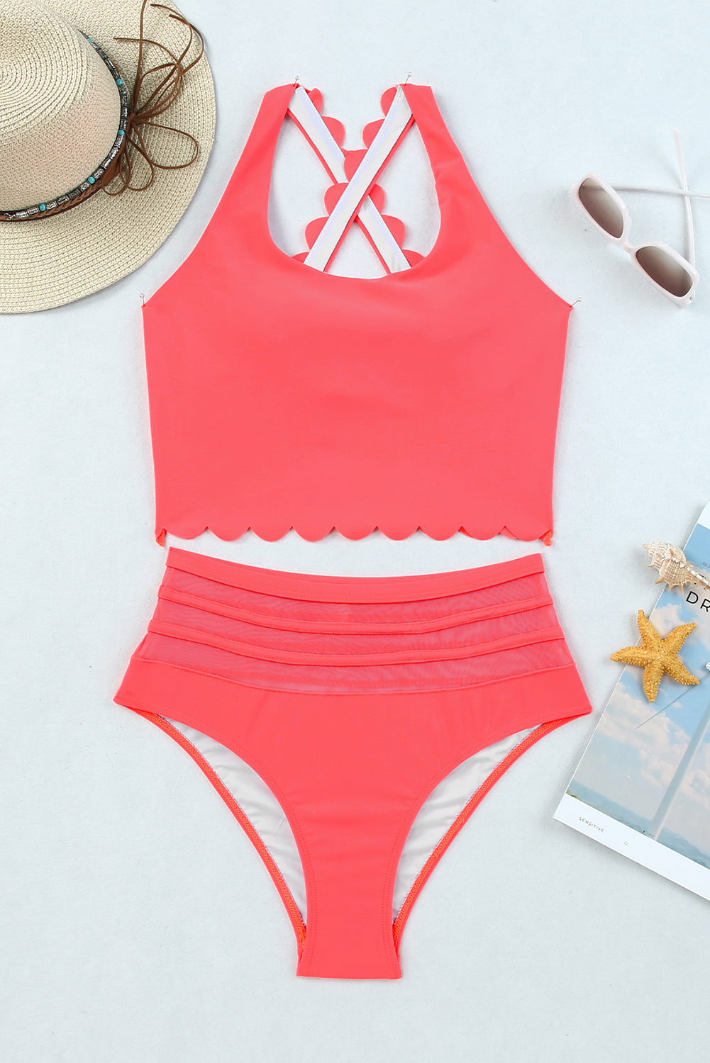 Fiery Red Scalloped Criss Cross High Waist Bikini