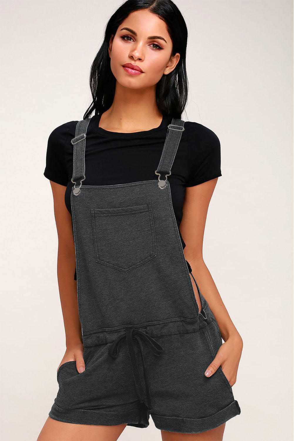 Gray Vintage Washed Drawstring Short Overalls