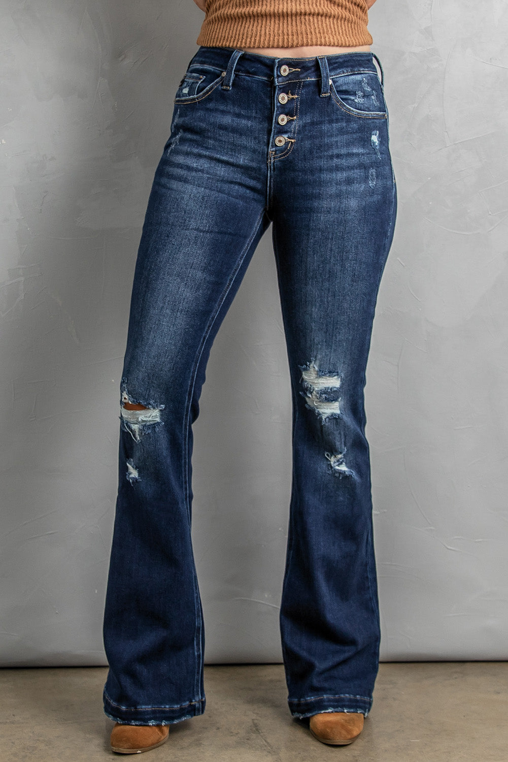 Dark Washed Distressed  Bootcut Jeans