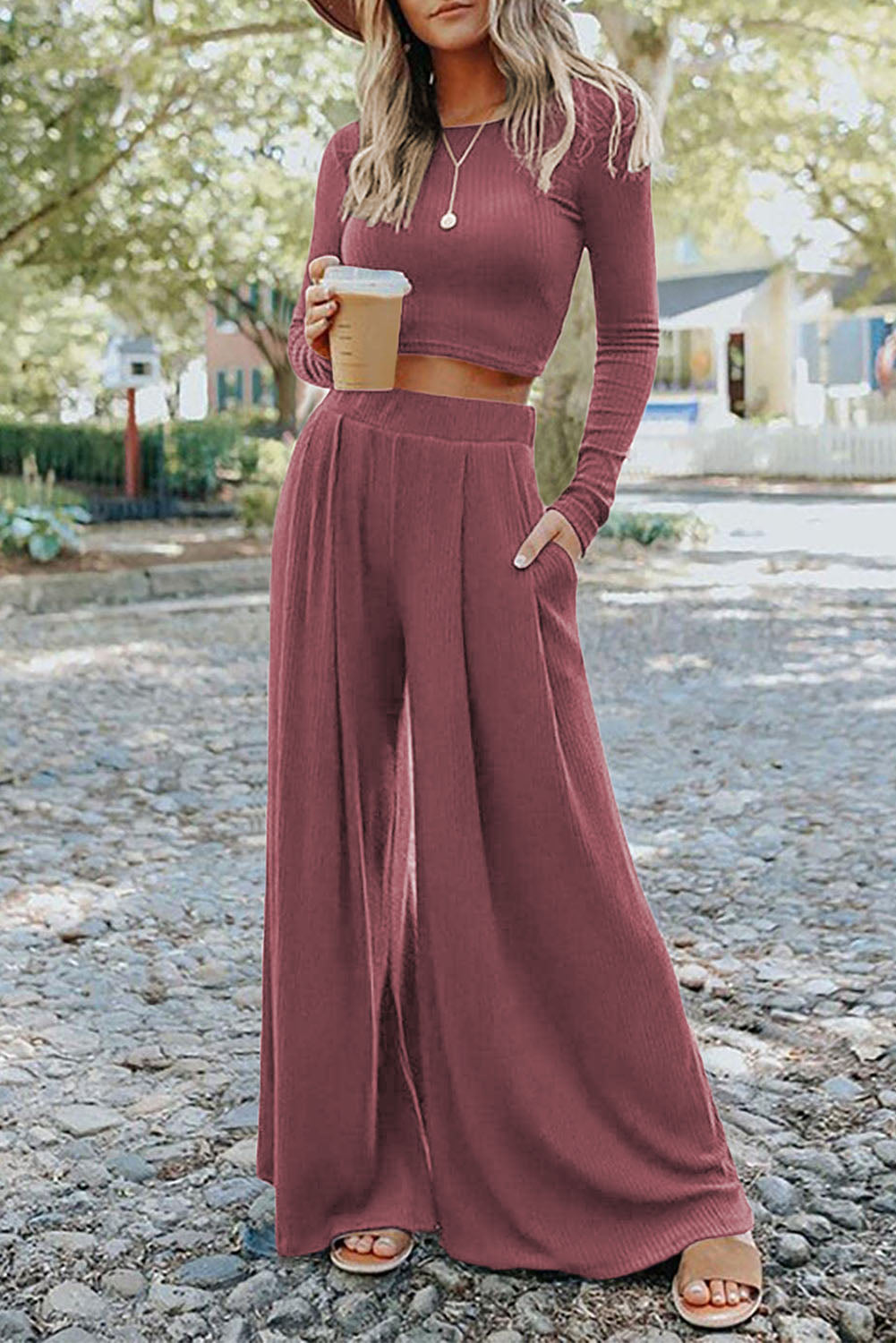 Pink Ribbed Crop Top & Wide Leg Pant set