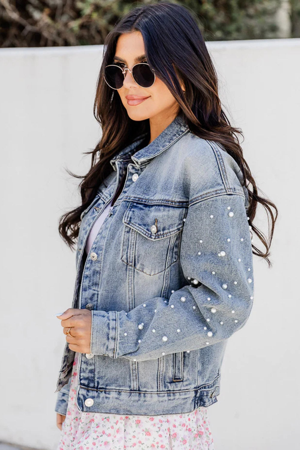 Sky Blue Pearl Beaded Denim Jacket