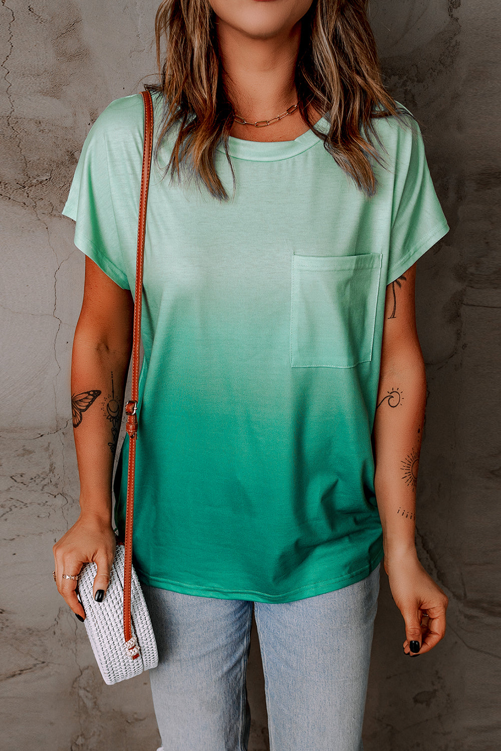 Green Gradient Color Short Sleeve T-Shirt with Pocket
