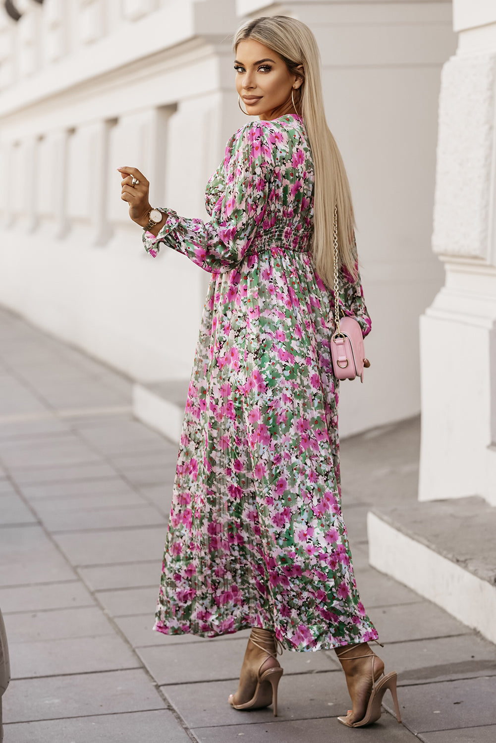 Green Floral Print Cinched Waist Maxi Dress