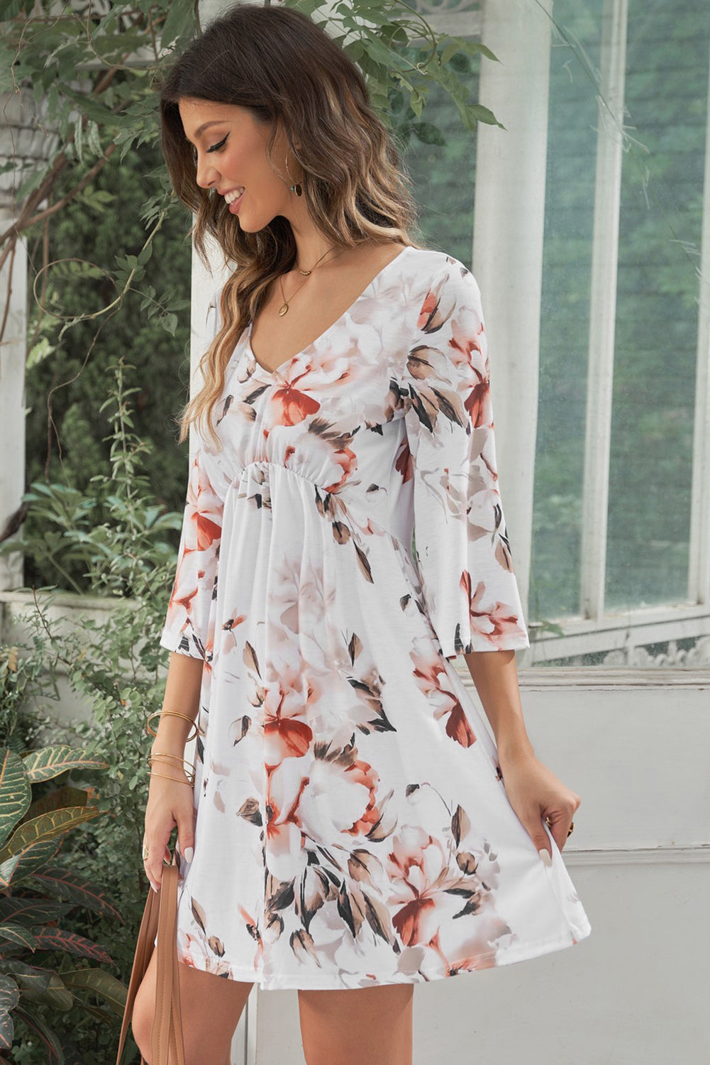 White Floral Print V Neck Flutter Half Sleeve Empire Waist Dress