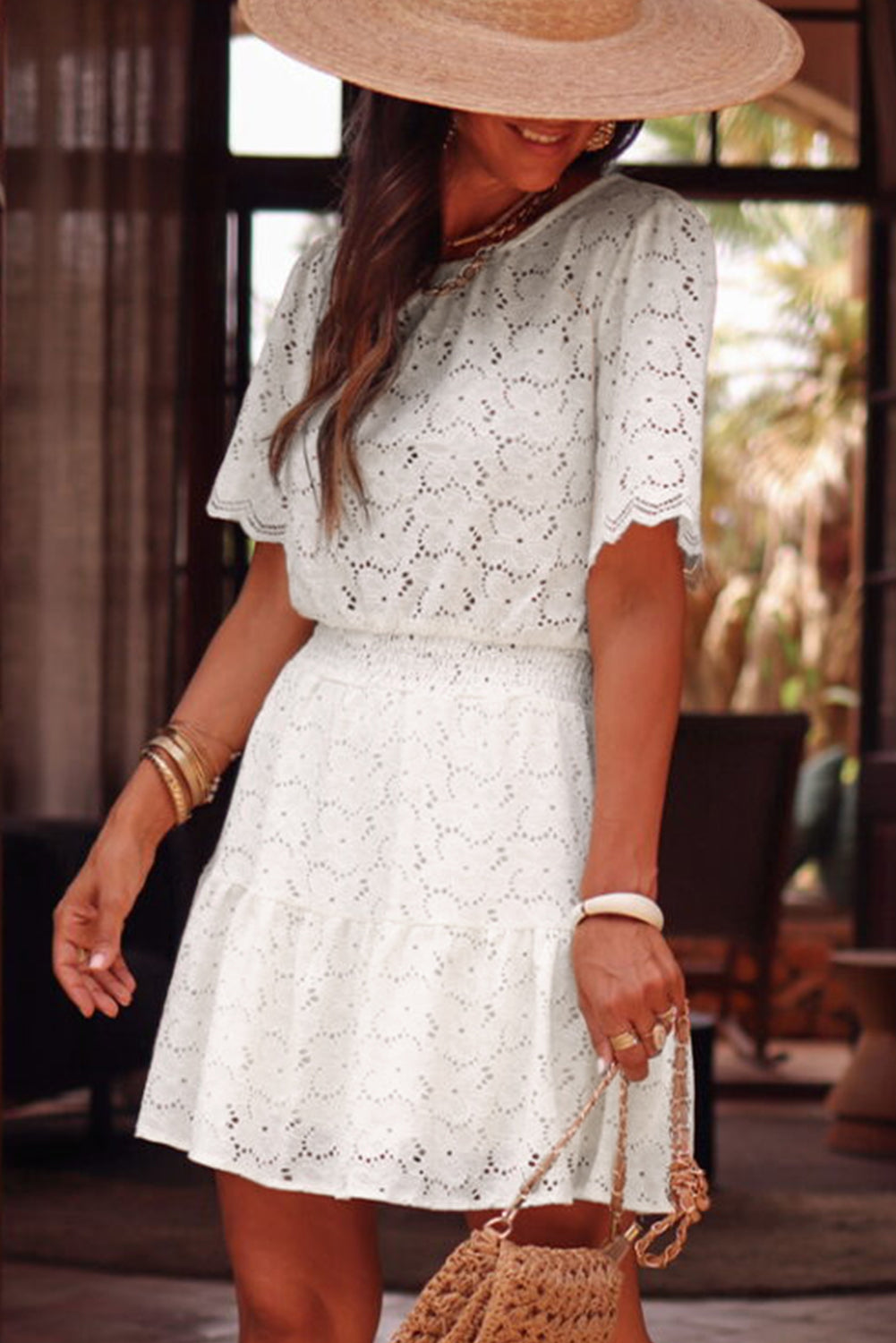 White Scalloped Floral Lace Short Sleeve Mini Dress