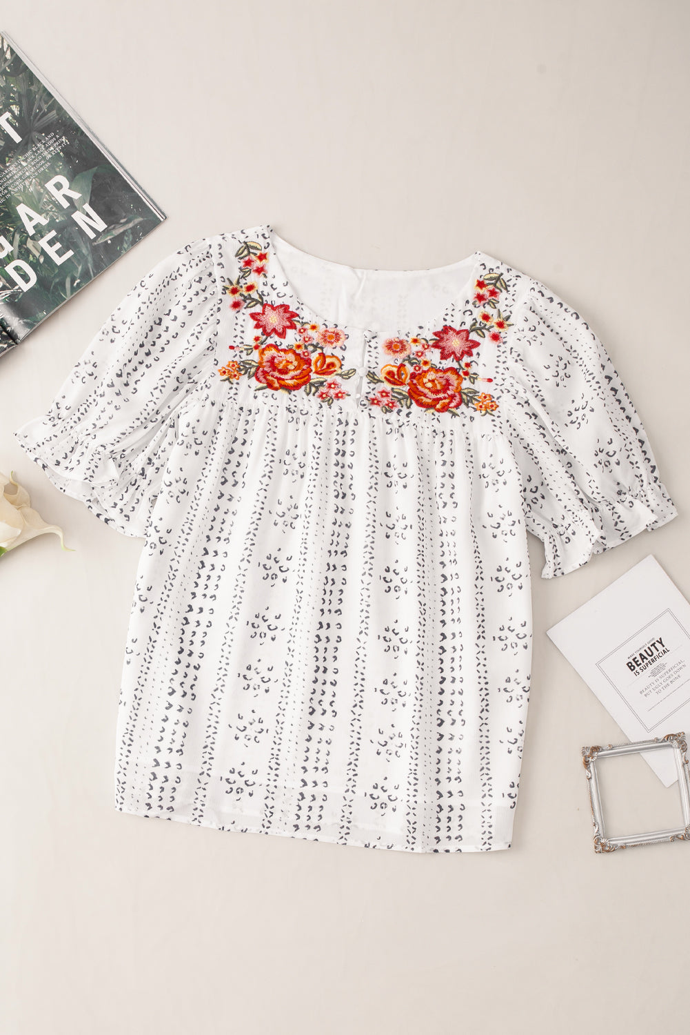 White Floral Embroidered Blouse