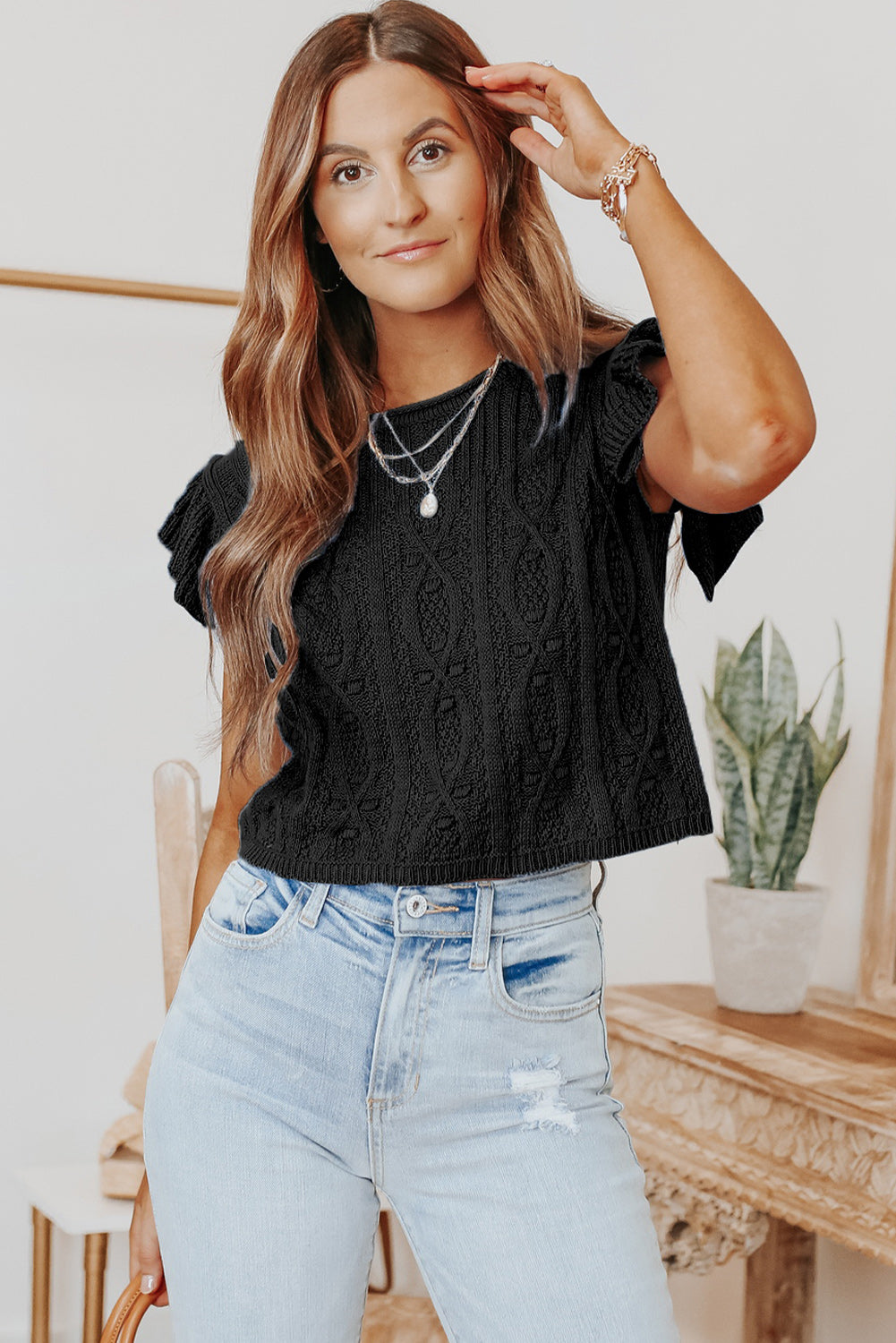 Black Ruffle Sleeve Cable Knit Top