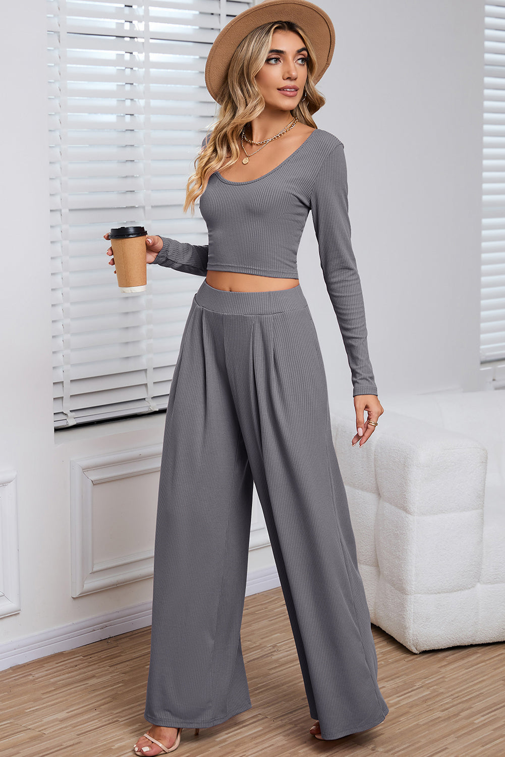 Pink Ribbed Crop Top & Wide Leg Pant set