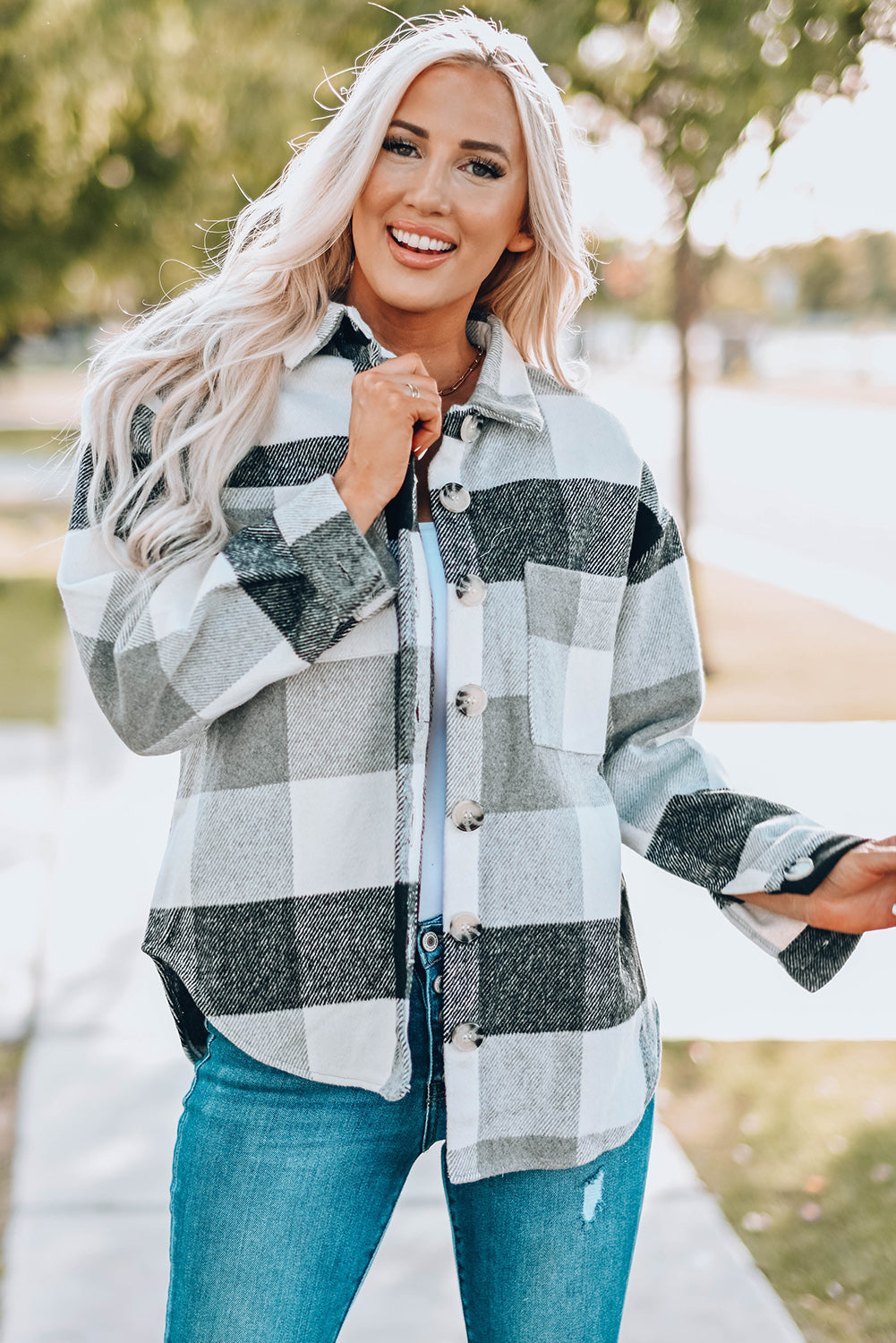 Gray Plaid Jacket with Pocket