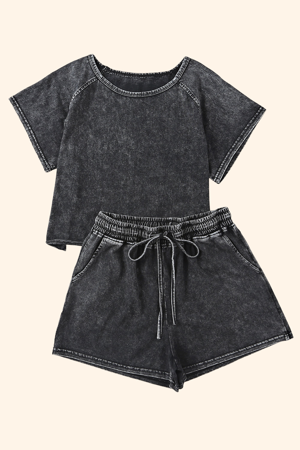 Black Acid Washed Short Lounge Set