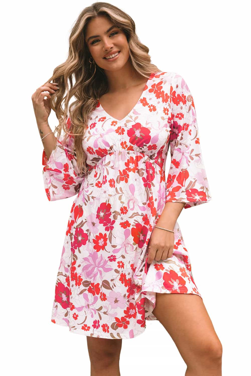 White Floral Print V Neck Flutter Half Sleeve Empire Waist Dress