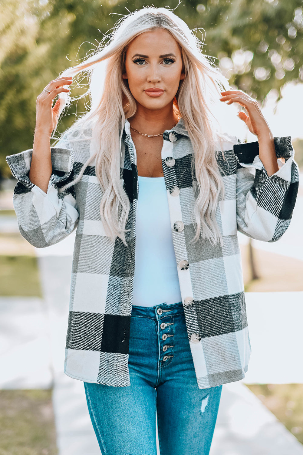 Gray Plaid Jacket with Pocket