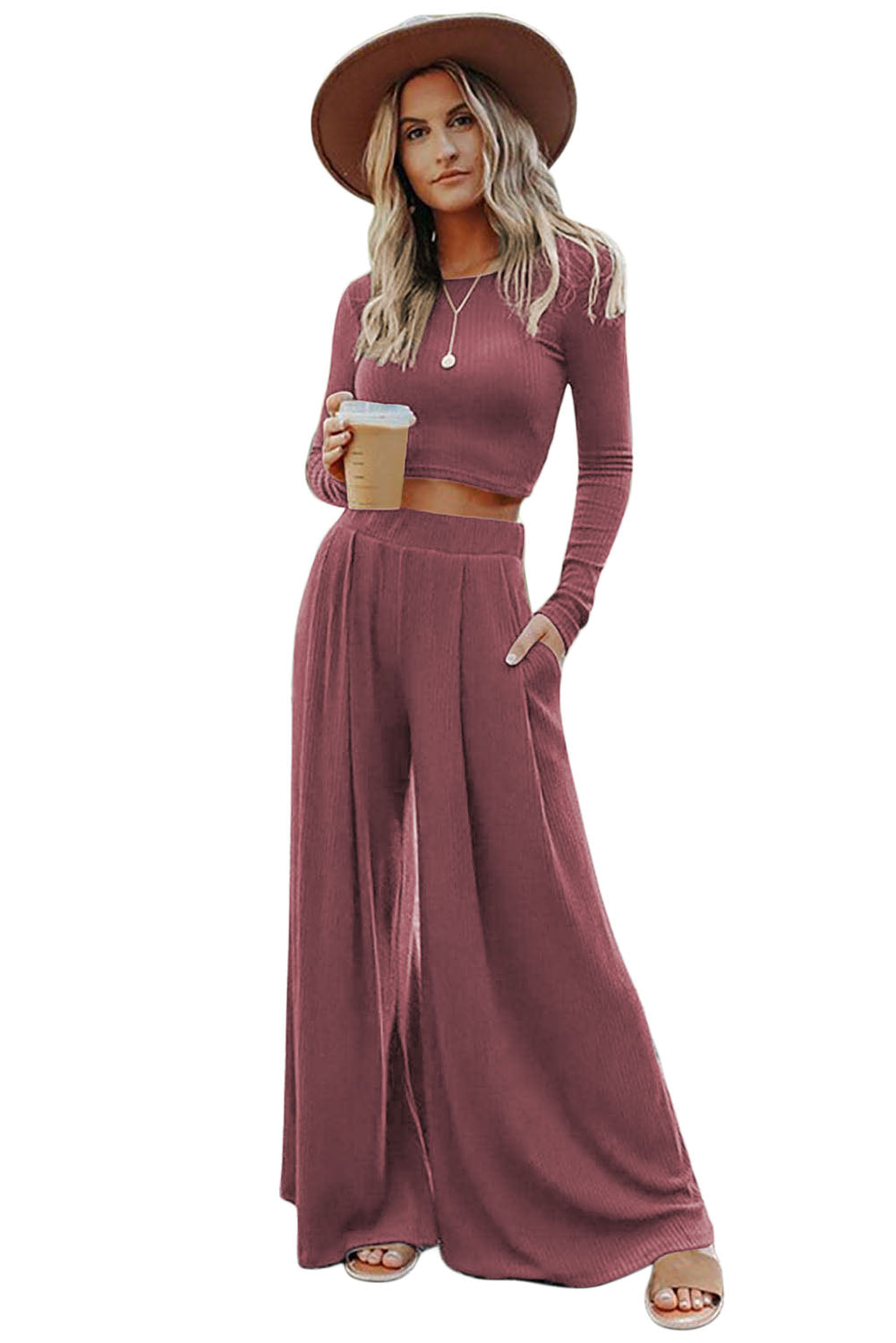 Pink Ribbed Crop Top & Wide Leg Pant set