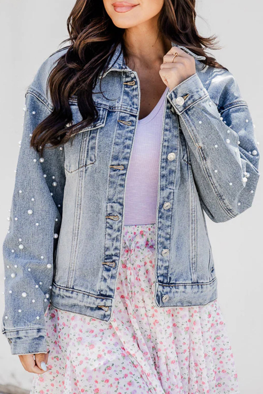 Sky Blue Pearl Beaded Denim Jacket