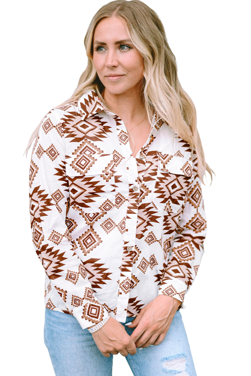 White Western Aztec Pattern Button Flap Pocket Shirt