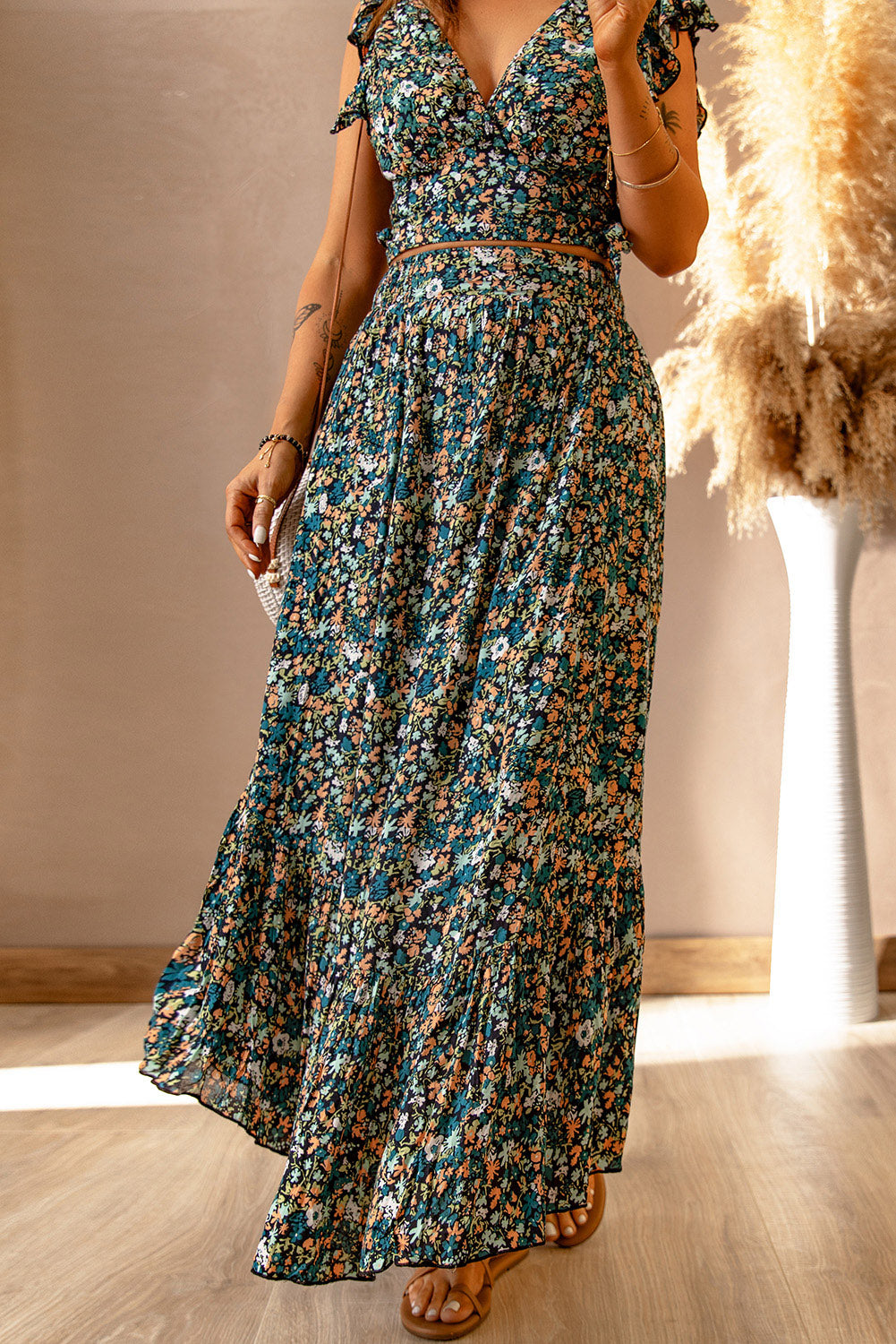 Floral Print Ruffled Crop Top & Maxi Skirt Set