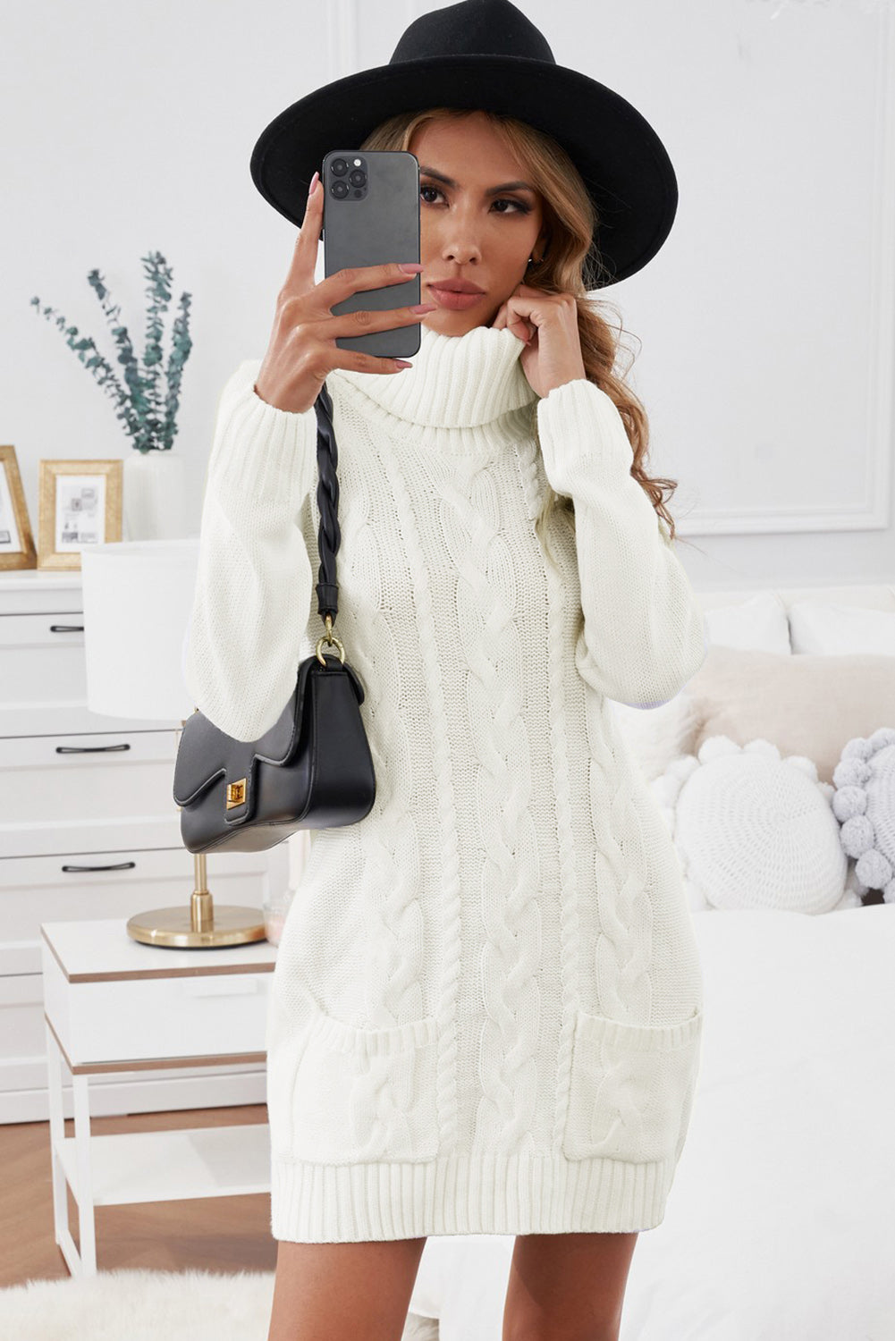 White Cowl Neck Cable Knit Sweater Dress