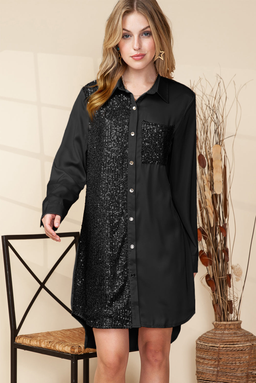 Black Sequin Buttoned Shirt Dress