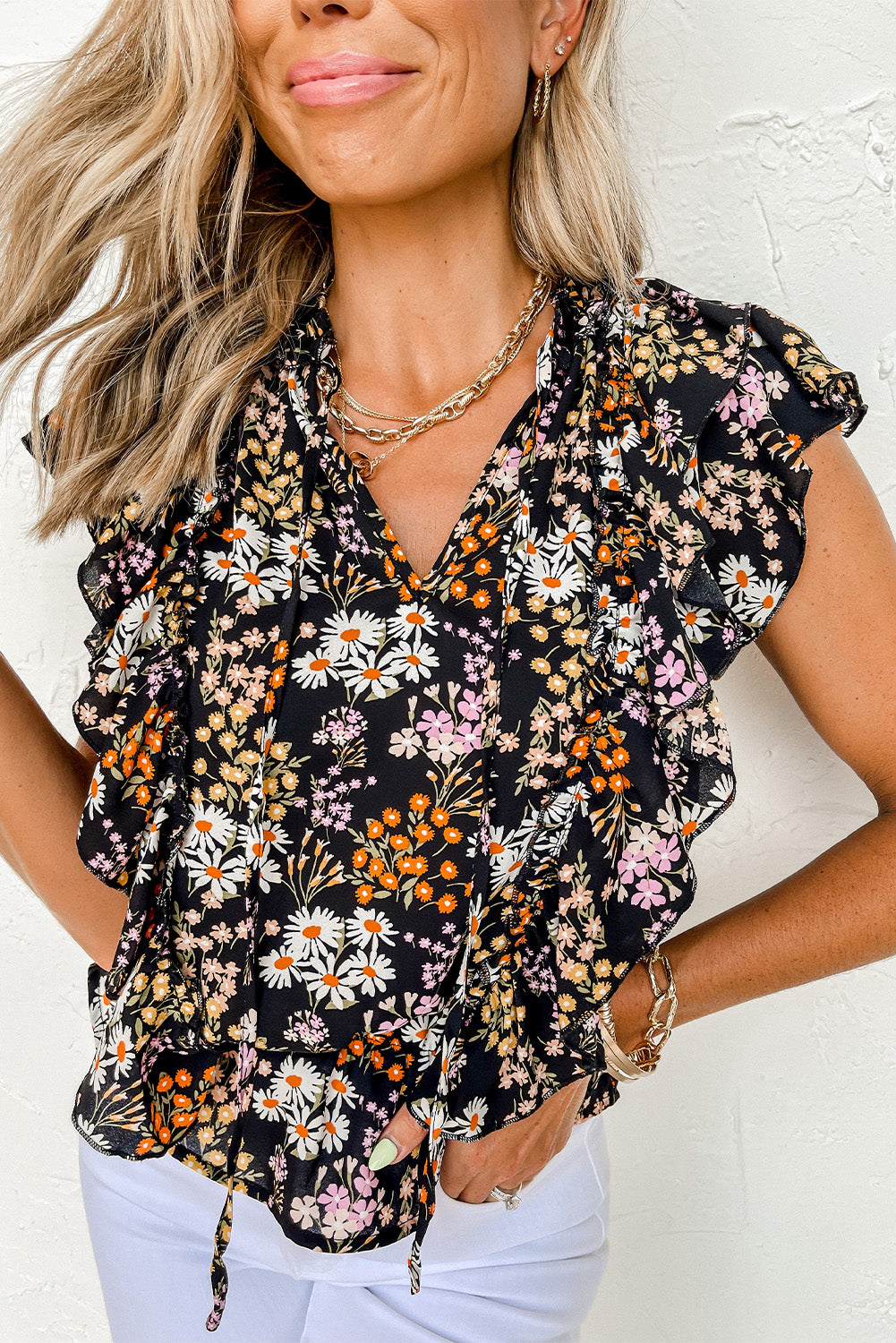 Black Floral Print Ruffle Drawstring V Neck Blouse