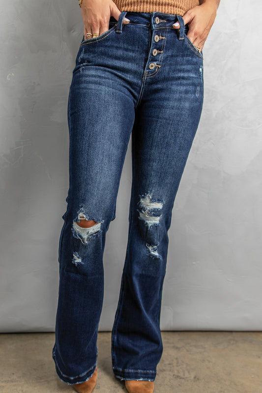Dark Washed Distressed  Bootcut Jeans