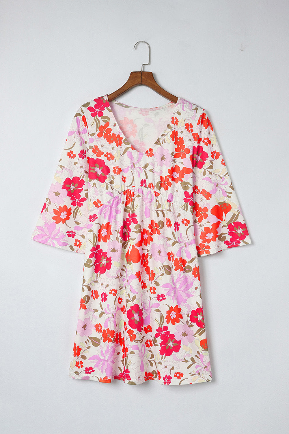 White Floral Print V Neck Flutter Half Sleeve Empire Waist Dress