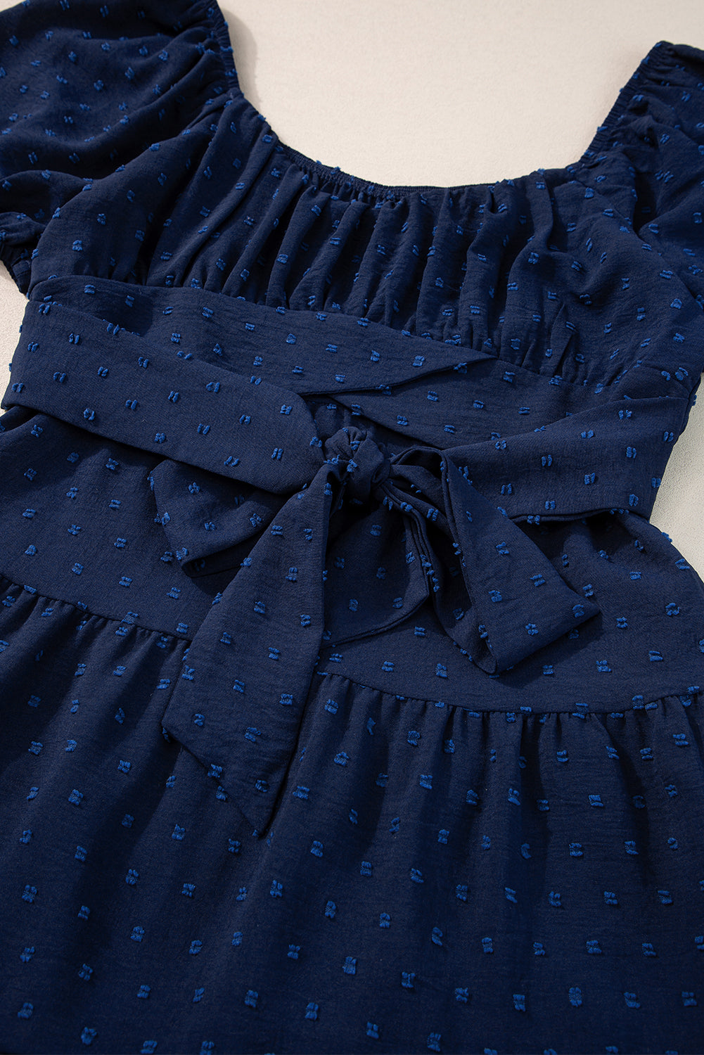 Navy Blue Swiss Dot Jacquard Puff Sleeve Crossover Tied Tiered Dress