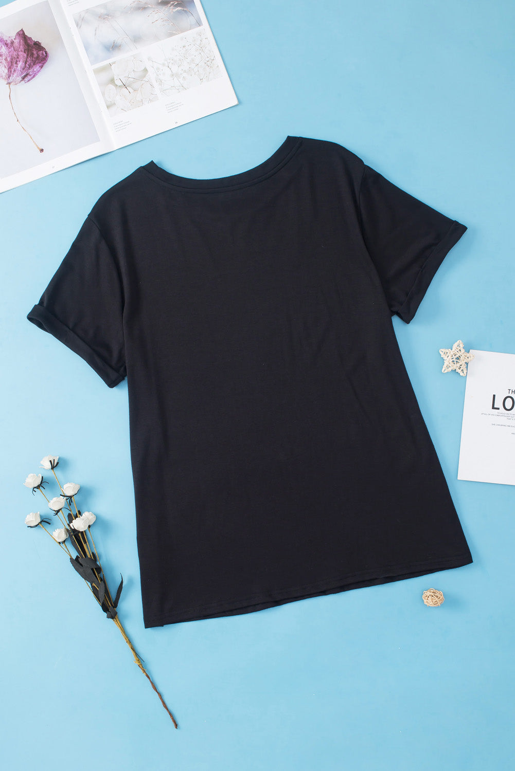 Black Round Neck Rolled Sleeve Plus Size T-shirt