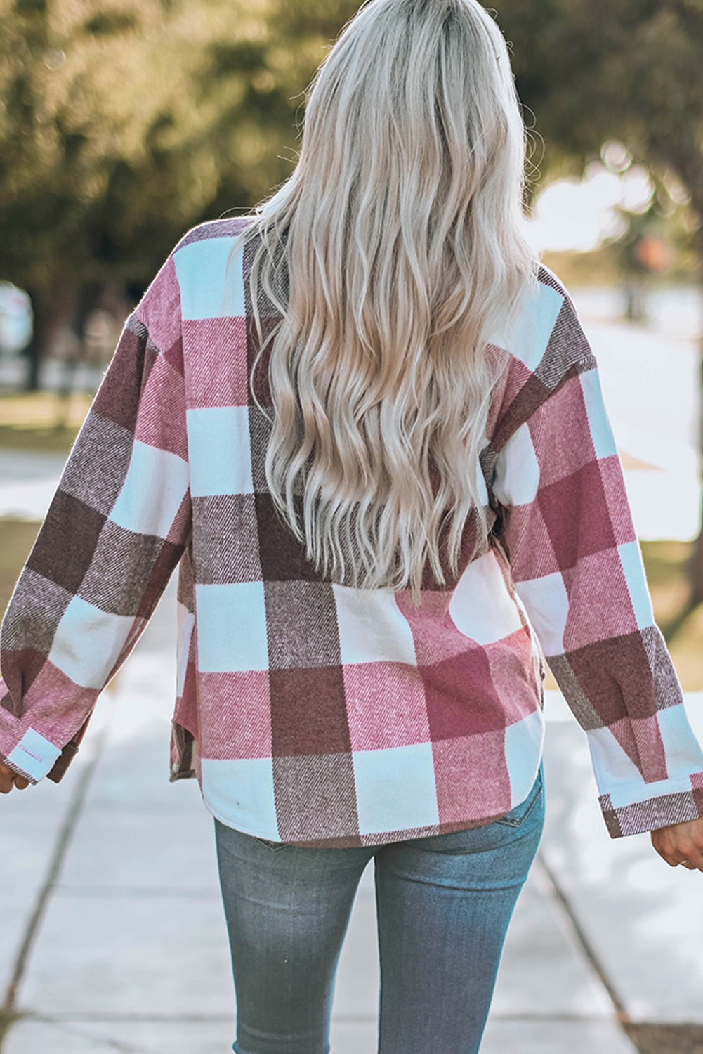 Plaid Buttoned Long Sleeve Jacket with Pocket