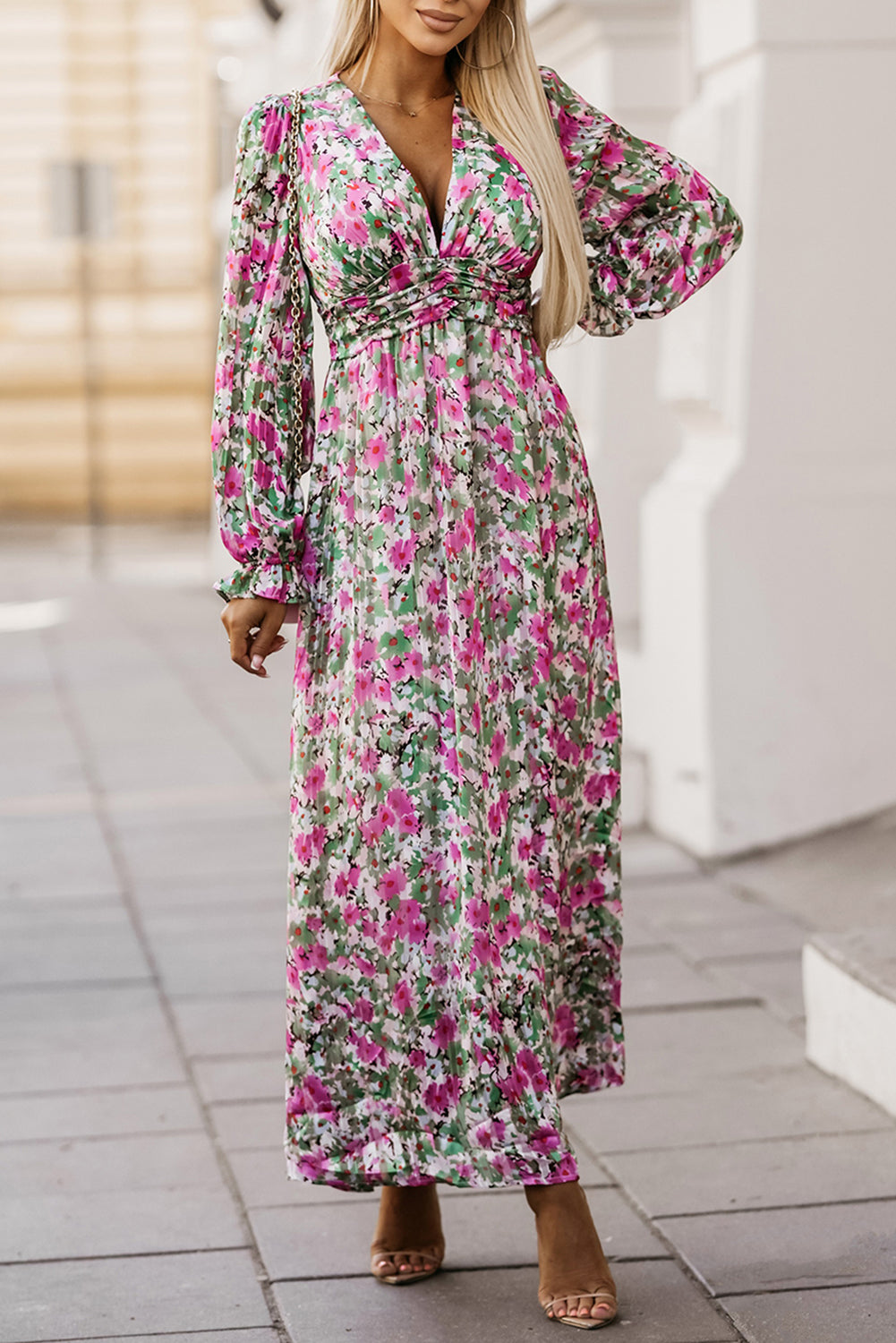 Green Floral Print Cinched Waist Maxi Dress