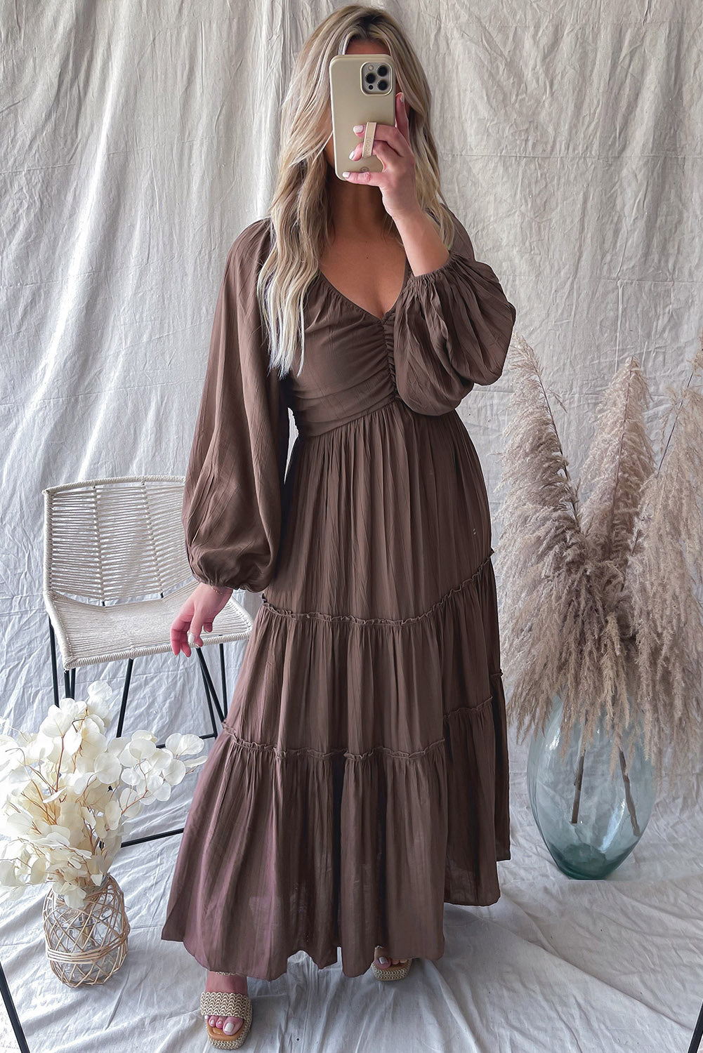 Brown V Neck Tiered Maxi Dress