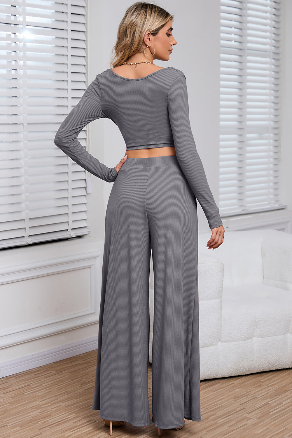 Pink Ribbed Crop Top & Wide Leg Pant set