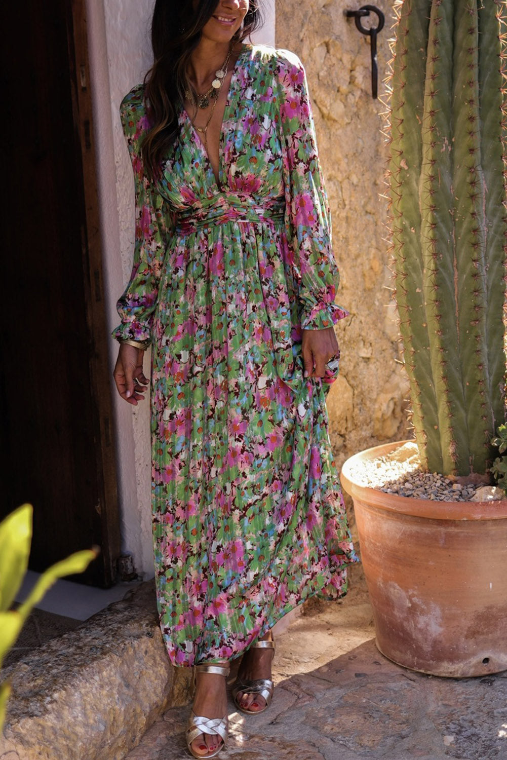 Green Floral Print Cinched Waist Maxi Dress