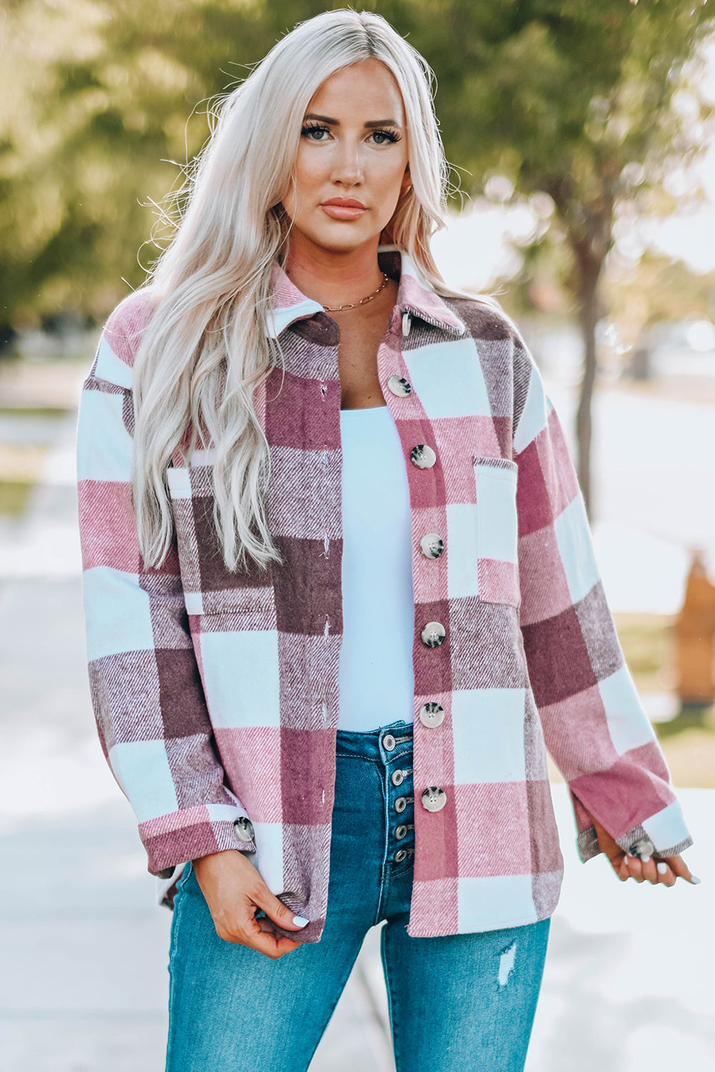 Plaid Buttoned Long Sleeve Jacket with Pocket