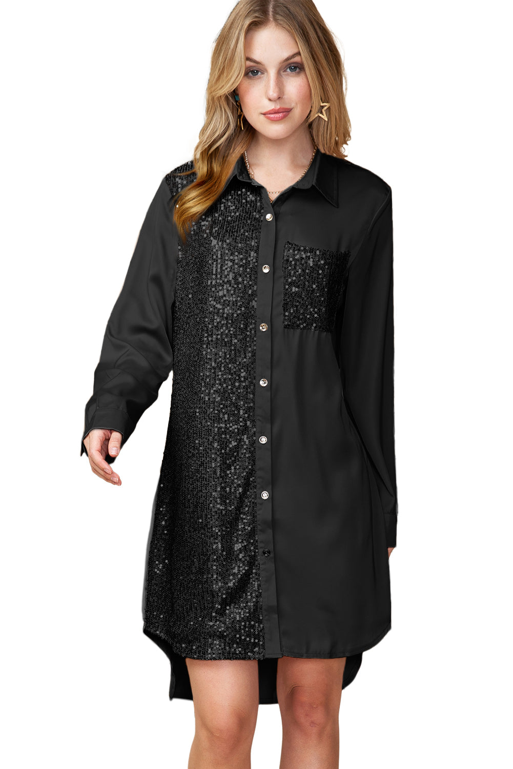 Black Sequin Buttoned Shirt Dress