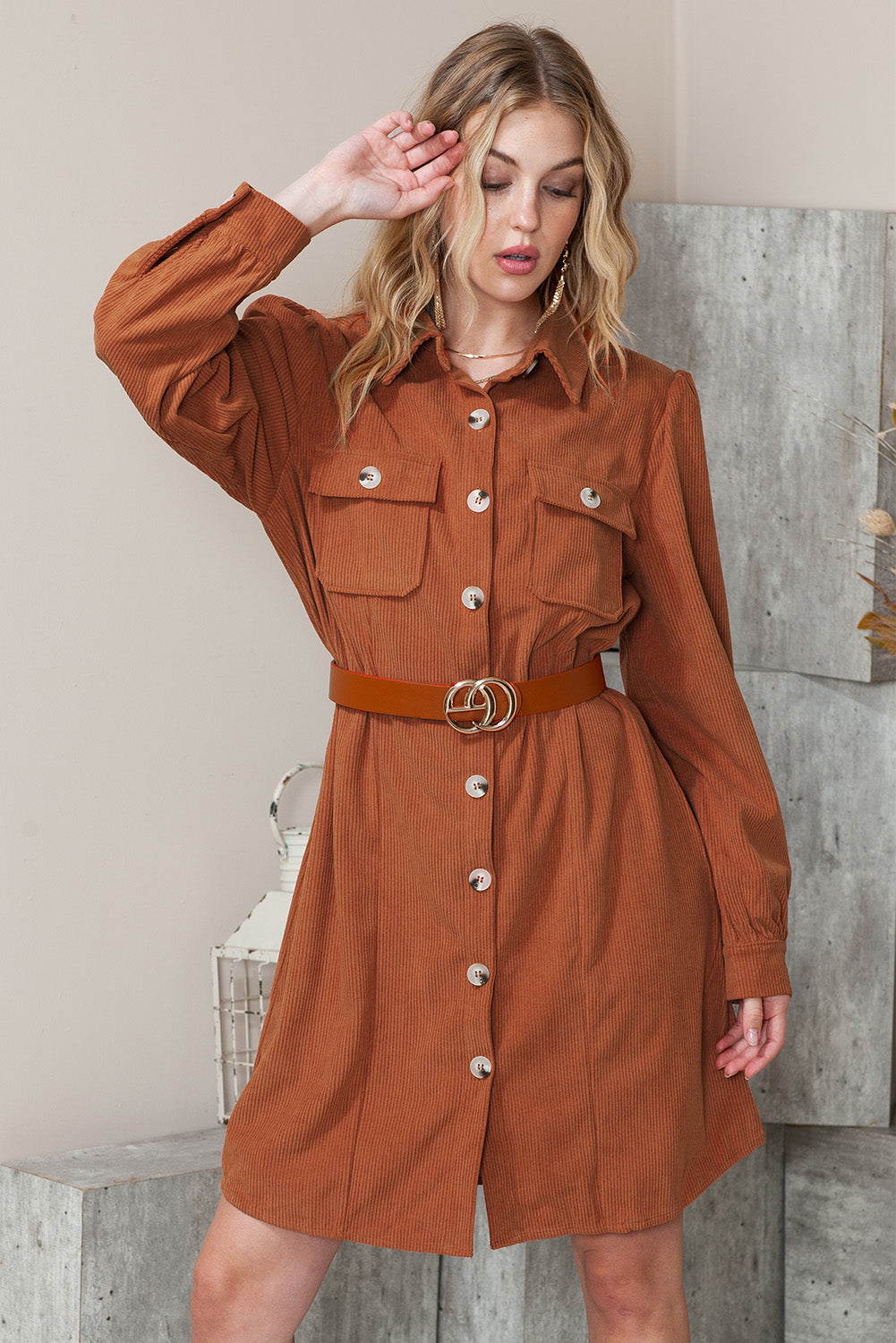 Khaki Flap Pockets Breasted Corduroy Shirt Short Dress