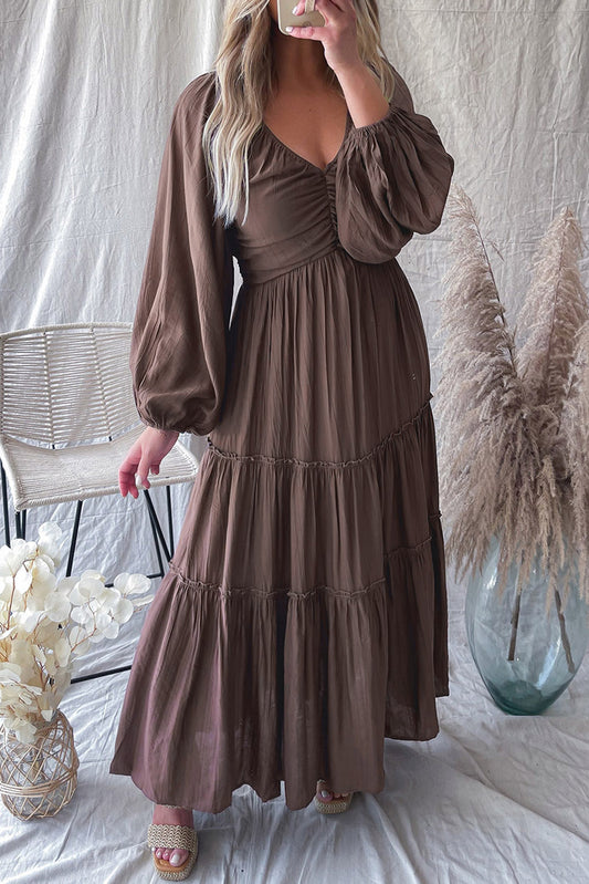 Brown V Neck Tiered Maxi Dress