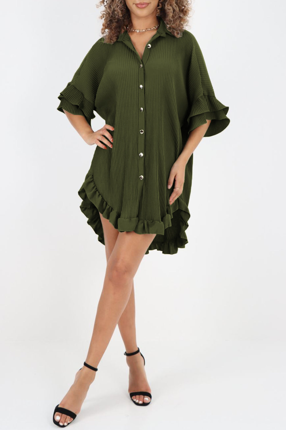 Moss Green Pleated Ruffle Sleeve Oversized Shirt Dress
