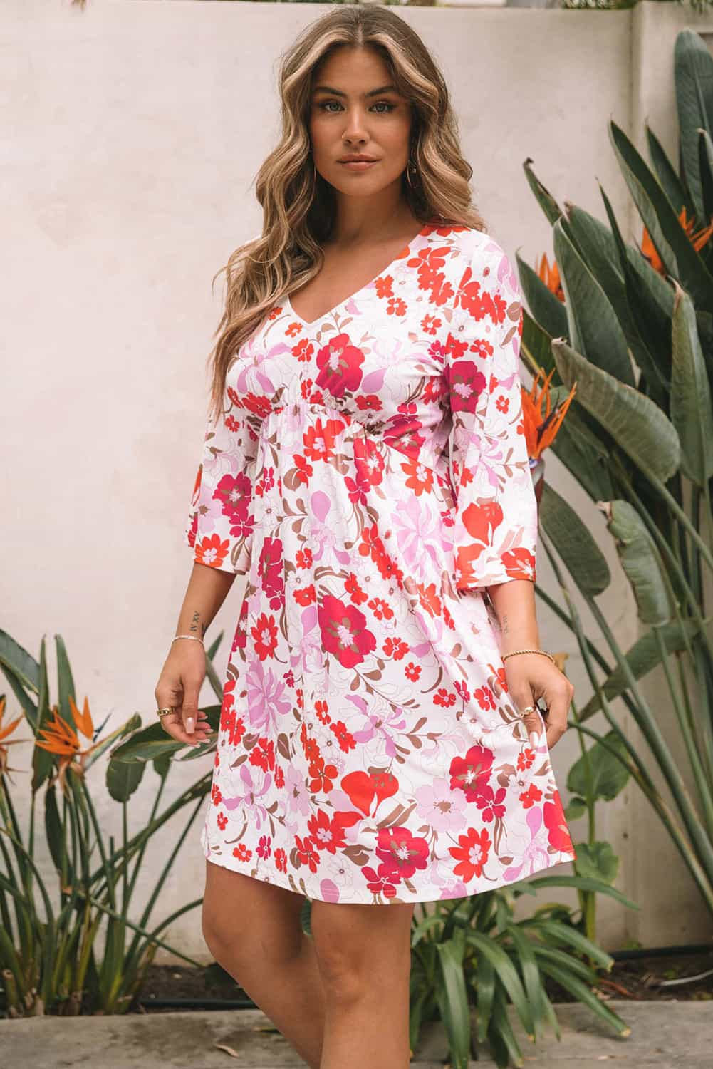 White Floral Print V Neck Flutter Half Sleeve Empire Waist Dress